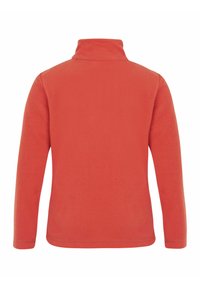 Rode fleece pullover met een hoge kraag en lange mouwen. Zachte textuur en eenvoudige vormgeving zonder zichtbare patronen of hardware. Ideaal voor het dragen in lagen.