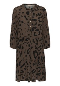 Rochie maro cu imprimeu de leopard în negru. Mâneci lungi, decolteu rotund, închidere cu butoane și un design cu fuste suprapuse.