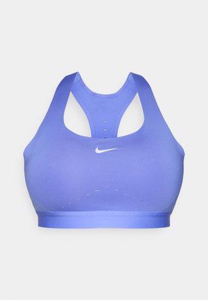 Purple sports bra with a racerback design. Made of smooth, stretchy material featuring a subtle mesh detail and a small logo on the front.