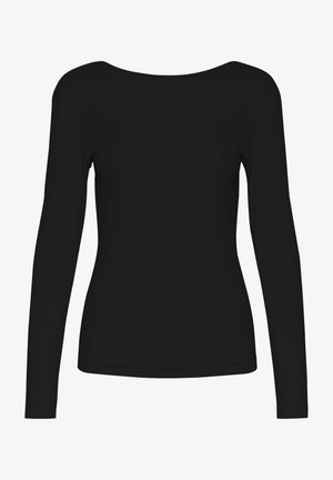 Top nero a maniche lunghe realizzato in tessuto a coste. Presenta un ampio scollo e una silhouette aderente. Tessuto liscio e senza motivi visibili.