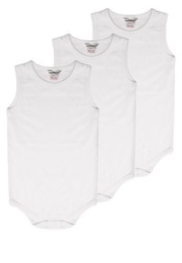 Trois bodysuits sans manches en coton blanc avec des encolures rondes et des fermetures à pression en bas. Texture lisse et design épuré.