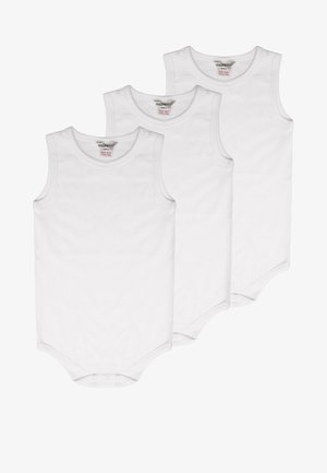 Drei weiße Baumwoll-Nachtwäsche ohne ärmel mit Rundhalsausschnitten und Druckknöpfen am Boden. Glatte Textur und einfaches Design.