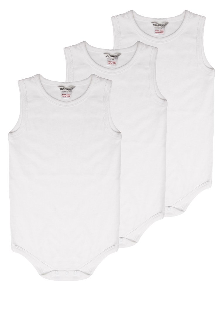 Trois bodysuits sans manches en coton blanc avec des encolures rondes et des fermetures à pression en bas. Texture lisse et design épuré.
