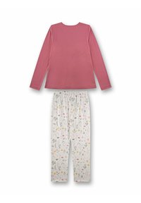 Long-sleeve pink top paired with white pajama pants featuring a floral pattern in pink, yellow, and green, elastic waistband for comfort.