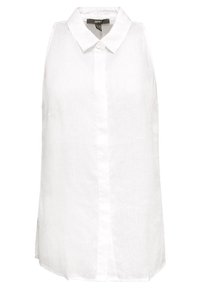 Blouse en lin blanche sans manches avec col pointu et patte de boutonnage cachée, étiquetée Esprit, présentée sur un fond uni.