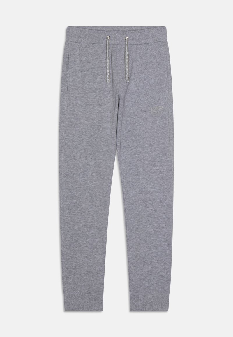 Pantalones de chándal en gris claro, ajustados en la parte inferior, con cinturilla ajustable, bolsillos laterales y un pequeño logo en el muslo derecho, exhibidos planos sobre un fondo blanco.