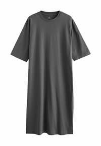 Graues Baumwoll-T-Shirt-Kleid mit kurzen Ärmeln, einem Rundhalsausschnitt und einer locker sitzenden Silhouette, die bis zur Mitte der Wade reicht. Ohne Muster oder Akzente.