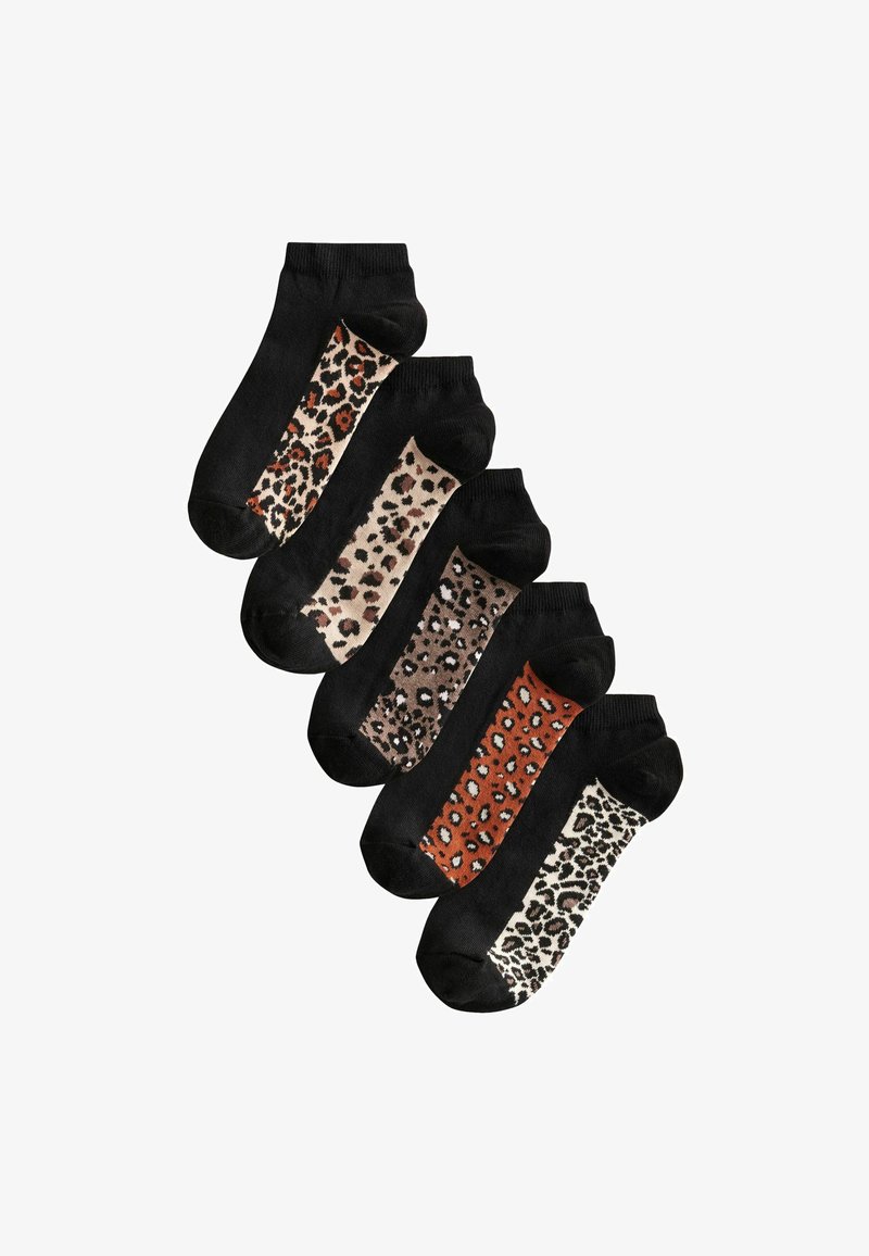 Ensemble de cinq chaussettes noires à mi-mollet présentant divers motifs de léopard sur les côtés dans des nuances de marron, beige et rouille. Texture douce.