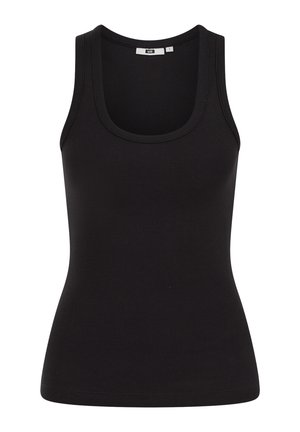 Črno rebrasto brezrokavnik z izrezom v obliki črke U in oprijetim krojem, velikost majhna, prikazan na belem ozadju.