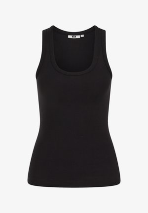 Schwarzes, geripptes ärmelloses Tanktop mit Rundhalsausschnitt und figurbetonter Silhouette, Größe klein, vor weißem Hintergrund dargestellt.