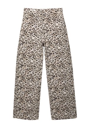 Pantaloni a gamba larga con stampa leopardata in un tessuto morbido. Presentano diverse tonalità di marrone su uno sfondo beige chiaro. Design a cinque tasche con passanti per cintura.