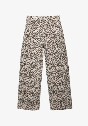Pantaloni a gamba larga con stampa leopardata in un tessuto morbido. Presentano diverse tonalità di marrone su uno sfondo beige chiaro. Design a cinque tasche con passanti per cintura.