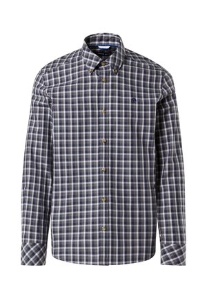Langärmliges kariertes Hemd aus Baumwolle in einem marineblauen und weißen Muster, mit Button-Down-Kragen und braunen Knöpfen.