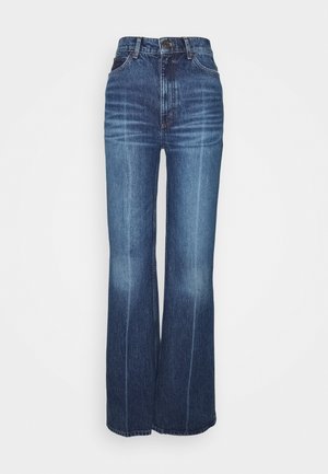 Blå denimjeans med høj talje, knaplukning, forlommer og vide vidde ben med falmede detaljer på lår og knæ.