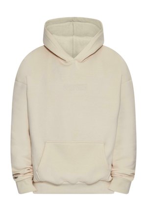 Beige Kapuzenpullover aus weichem Stoff, mit einer großen Kängurutasche vorne, langen Ärmeln und einer Kapuze mit Kordelzug. Dezentes, geprägtes Logo auf der Vorderseite.