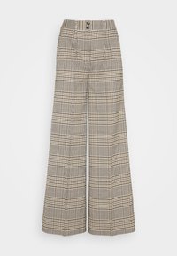 Pantalon à jambes larges avec motif à carreaux beige et noir, plis devant et fermeture double bouton à taille haute.