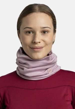 Light pink tubular neck warmer made of soft fabric, featuring a textured design and a small logo tag. Smooth, stretchy, and versatile.