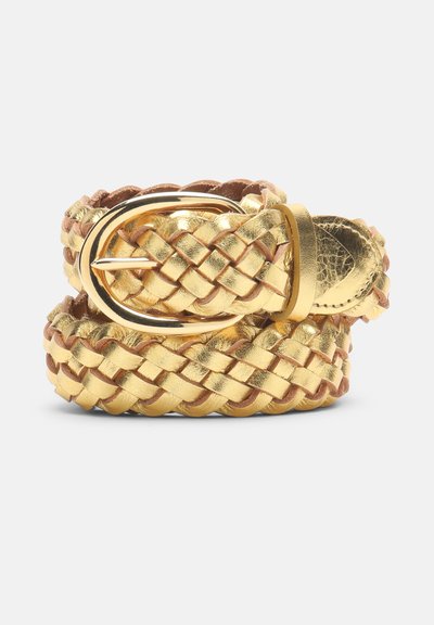 Braided metallic gold leather belt with polished gold oval buckle, coiled on a white background.