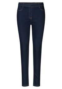 Pantalones de mezclilla azul oscuro con un diseño ajustado, que presentan bolsillos frontales, acentos de costura amarilla y una textura suave.