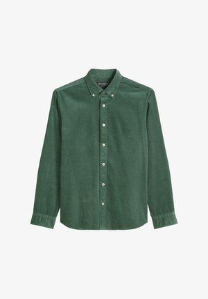 Grüne Cordhemd mit langen Ärmeln, Button-Down-Kragen und vorderer Knopfleiste. Besitzt einen strukturierten Stoff mit vertikalen Rippungen.