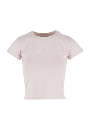 Kurzärmliges, tailliertes T-Shirt aus weicher rosa Baumwolle mit Rundhalsausschnitt und weißer, bestickter Schrift auf der Vorderseite. Glatte Textur und minimalistisches Design.