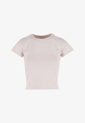 Koszulka z krótkim rękawem, dopasowana, wykonana z miękkiej, różowej bawełny, z okrągłym dekoltem i białym haftowanym napisem na przodzie. Gładka tekstura i minimalistyczny design.