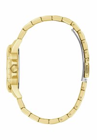 Gold-tone wristwatch with a rectangular case and polished link bracelet, showcasing a sleek design and elegant aesthetic.