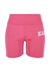 Rozā augsta vidukļa šorti, izgatavoti no elastīga auduma. Izceļas ar gludu tekstūru un balto uzdrukāto logo uz kreisās kājas.