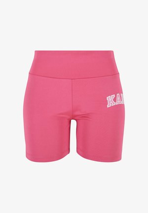 Vaaleanpunaiset korkeavyötäröiset shortsit, jotka on valmistettu joustavasta kankaasta. Niissä on sileä pinta ja valkoinen painettu logo vasemmassa jalassa.
