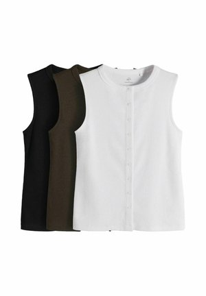 Set aus drei ärmellosen, gerippten Stricktops mit Knöpfen vorne in Weiß, Dunkelgrün und Schwarz, überlappend angeordnet.
