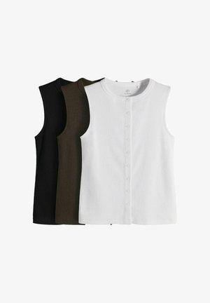 Set di tre top senza maniche in maglia a coste con bottoni frontali nei colori bianco, verde scuro e nero, disposti sovrapposti.