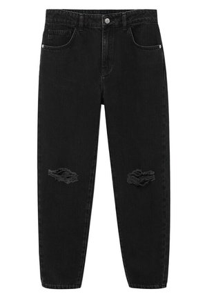 Jean en denim noir avec genoux déchirés, poches avant, bouton et passants pour ceinture, présenté sur un fond blanc.