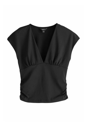 Black short-sleeve blouse with deep V-neck, gathered fabric under bust, and slight ruching on sides, displayed on plain white background.