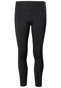 Zwarte leggings gemaakt van rekbaar materiaal met een hoge tailleband, een gladde textuur en zonder zichtbare patronen of accenten. Aansluitend ontwerp door het hele kledingstuk.