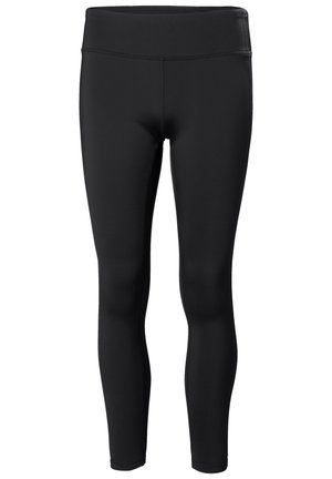 Zwarte leggings gemaakt van rekbaar materiaal met een hoge tailleband, een gladde textuur en zonder zichtbare patronen of accenten. Aansluitend ontwerp door het hele kledingstuk.