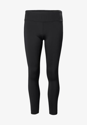 Schwarze Leggings aus dehnbarem Material mit einem hohen Bund, glatter Textur und ohne sichtbare Muster oder Akzente. Eng anliegendes Design über die gesamte Länge.