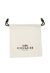 Sacca in tela bianca con coulisse, caratterizzata da un logo nero di Coach New York e grafica di una carrozza con cavalli. Texture liscia, design semplice.