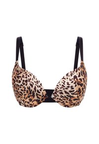 Reggiseno con stampa leopardata, con coppe imbottite, spalline e fascia nera, caratterizzato da una texture liscia e un design a V al centro.