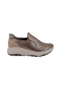 Scarpa slip-on con una toma superiore in bronzo lucido con finitura testurizzata, una soletta beige imbottita e una suola in gomma per una migliore trazione.