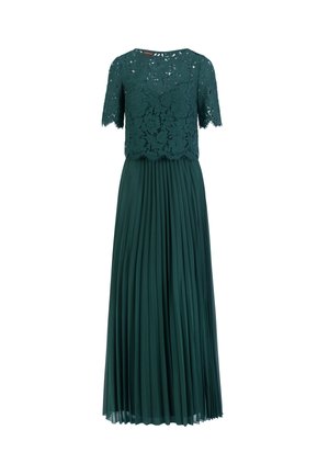 Teal Spitzenoberteil Kleid mit kurzen Ärmeln, plissiertem Rock und gewellten Spitzen-Saumdetails. Hergestellt aus einem leichten, strukturierten Stoff.