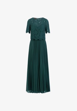 Tegelsgroen kanten jurkje met korte mouwen, geplooide rok en gegolfde kanten zoom. Gemaakt van een lichtgewicht, gestructureerde stof.