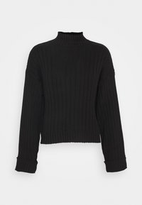 Svart ribbad tröja med hög krage, långa ärmar och cropped-design. Har stickad textur och vida muddar för en avslappnad passform.