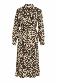 Vestido largo de estampado de leopardo en beige con manchas negras y marrones. Presenta un collar, cierre de botones, cinturón en la cintura y mangas largas. Textura de tela suave.