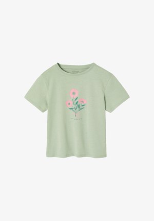 Light green short-sleeve t-shirt with a pink flower bouquet graphic and text "blooming like spring" centered on the front.