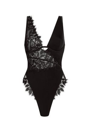 Zwarte body in één stuk met bloemrijke kantenpanelen, diepe V-hals en doorschijnende meshdetails aan de zijkanten en voorkant.