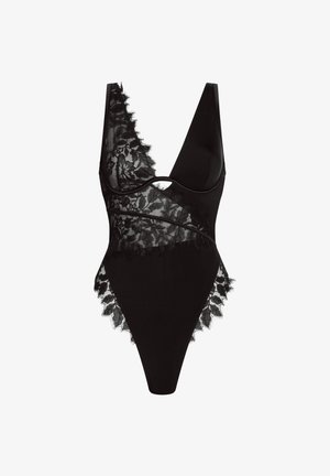 Zwarte body in één stuk met bloemrijke kantenpanelen, diepe V-hals en doorschijnende meshdetails aan de zijkanten en voorkant.