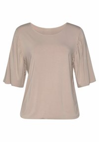 Top beige chiaro realizzato in un tessuto morbido. Presenta maniche a sbuffo corte, un colletto rotondo e una vestibilità comoda. Nessun motivo o dettaglio visibile.