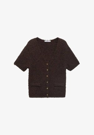 Brauner Kurzarm-Cardigan aus strukturiertem Material mit V-Ausschnitt, fünf goldenen Knöpfen und zwei vorderen Taschen.