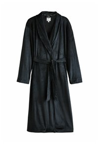 Schwarzer, langärmeliger Morgenmantel aus weichem, strukturiertem Stoff. Mit einem Schalkragen und einem Bindegürtel in der Taille. Keine sichtbaren Muster oder Beschläge.