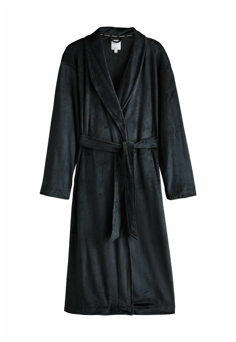 Schwarzer, langärmeliger Morgenmantel aus weichem, strukturiertem Stoff. Mit einem Schalkragen und einem Bindegürtel in der Taille. Keine sichtbaren Muster oder Beschläge.